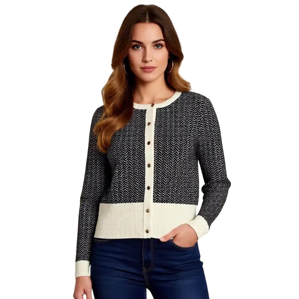 Calvin Klein Womens Black Off White Herringbone Button Front Cardigan SM NWT